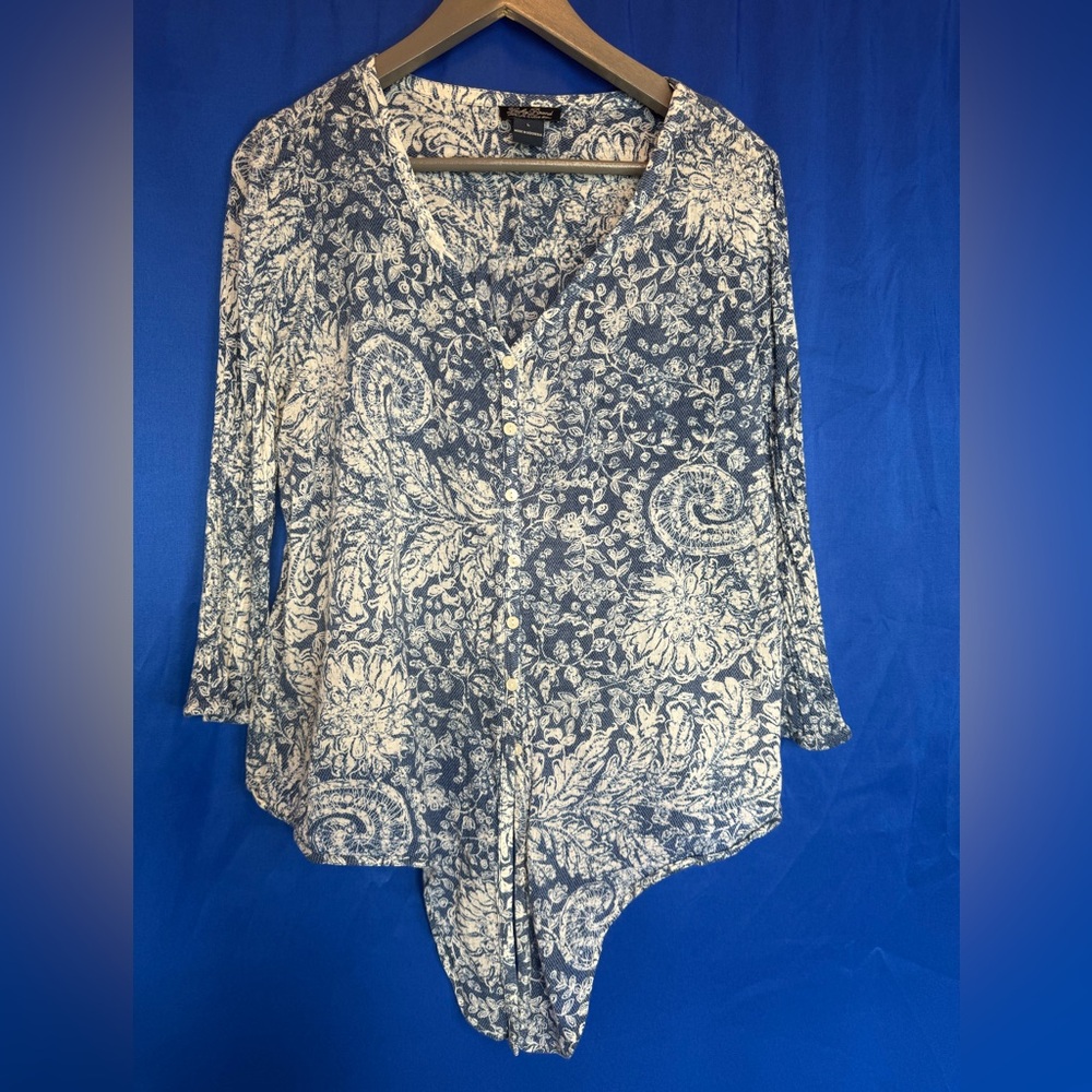 Lucky Brand Womens Top White Blue Floral Long Sleeve Tie Hem V Neck Blou…